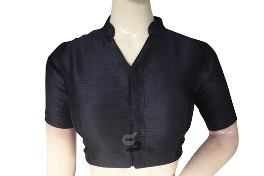 Navy Blue Color Semi Silk Plain Collar Neck Readymade Blouse - D3blouses