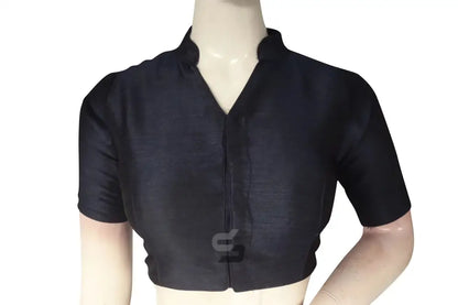 Navy Blue Color Semi Silk Plain Collar Neck Readymade Blouse - D3blouses