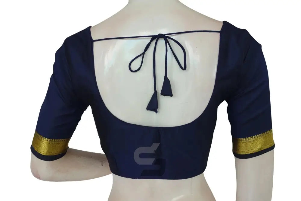 Navy Blue Color Semi Silk Readymade Saree Blouse With Border Sleeves - D3blouses