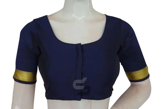Navy Blue Color Semi Silk Readymade Saree Blouse With Border Sleeves - D3blouses