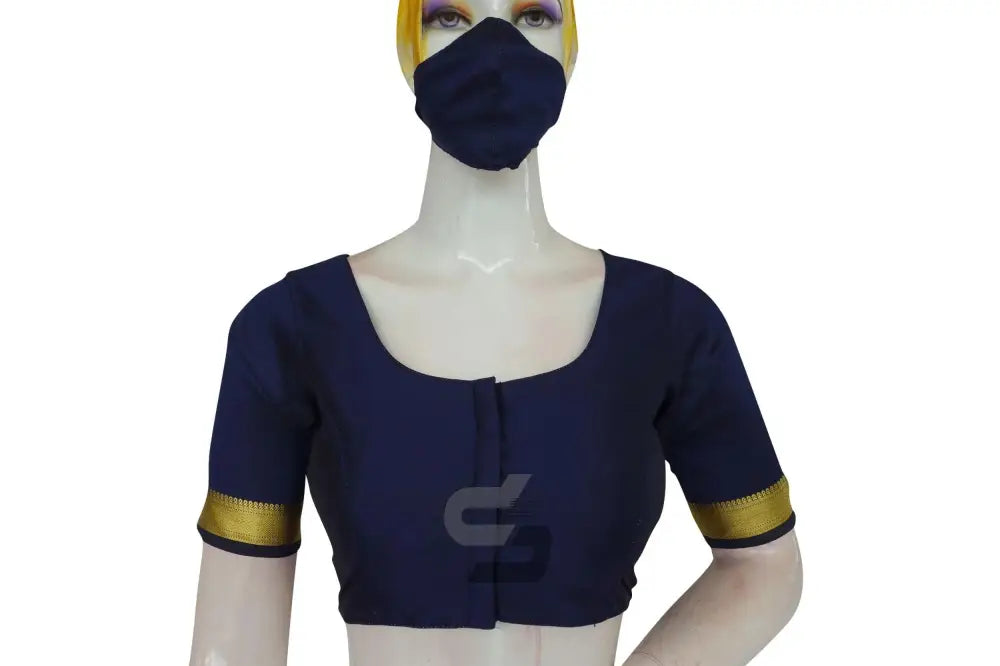 Navy Blue Color Semi Silk Readymade Saree Blouse With Border Sleeves - D3blouses