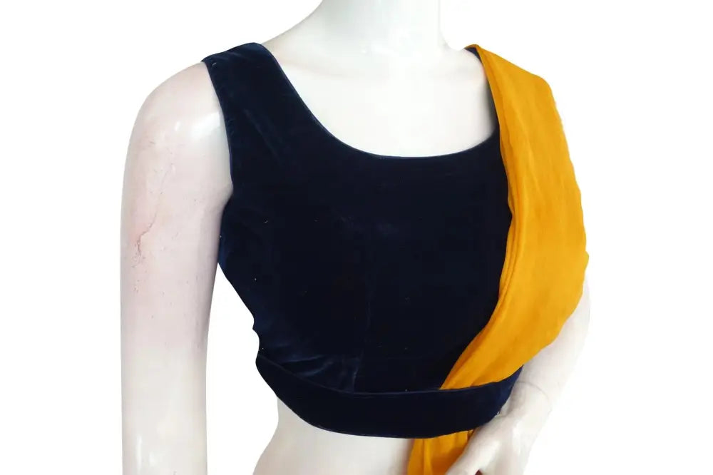 Navy Blue Color Velvet Designer Blouse With Saree Belt - D3blouses