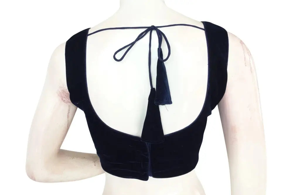 Navy Blue Color Velvet Designer Blouse With Saree Belt - D3blouses