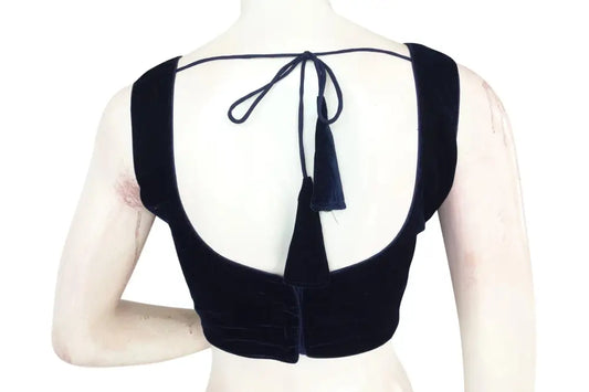 Navy Blue Color Velvet Designer Blouse With Saree Belt - D3blouses