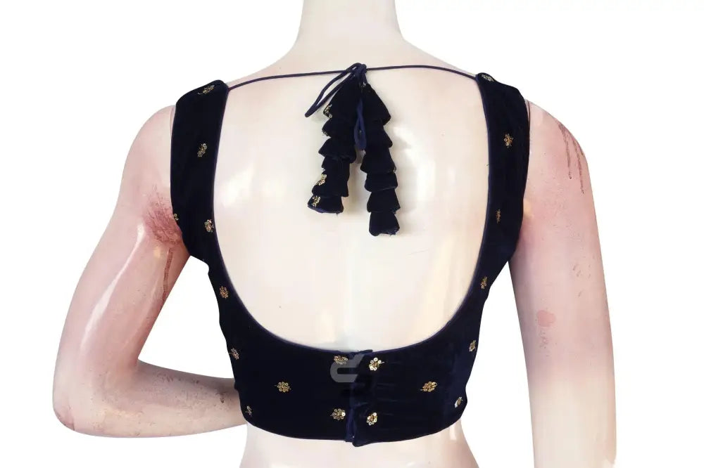 Navy Blue Color Velvet Readymade Saree Blouse - D3blouses