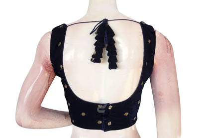 Navy Blue Color Velvet Readymade Saree Blouse - D3blouses
