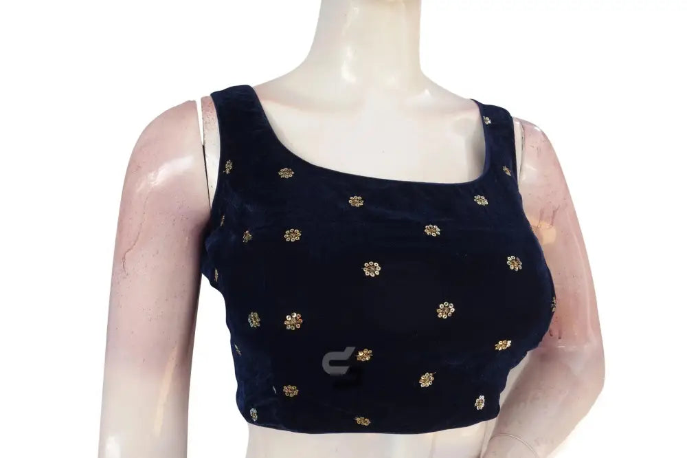 Navy Blue Color Velvet Readymade Saree Blouse - D3blouses
