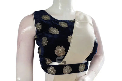 Navy Blue Color Velvet Sequin Designer Blouse With Saree Belt - D3blouses