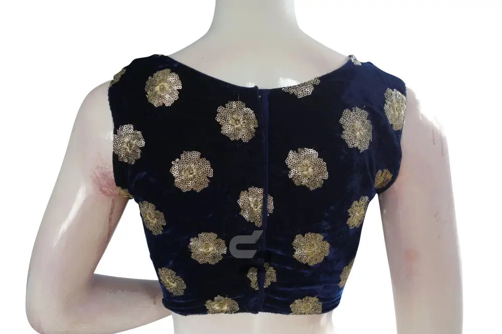 Navy Blue Color Velvet Sequin Designer Blouse With Saree Belt - D3blouses