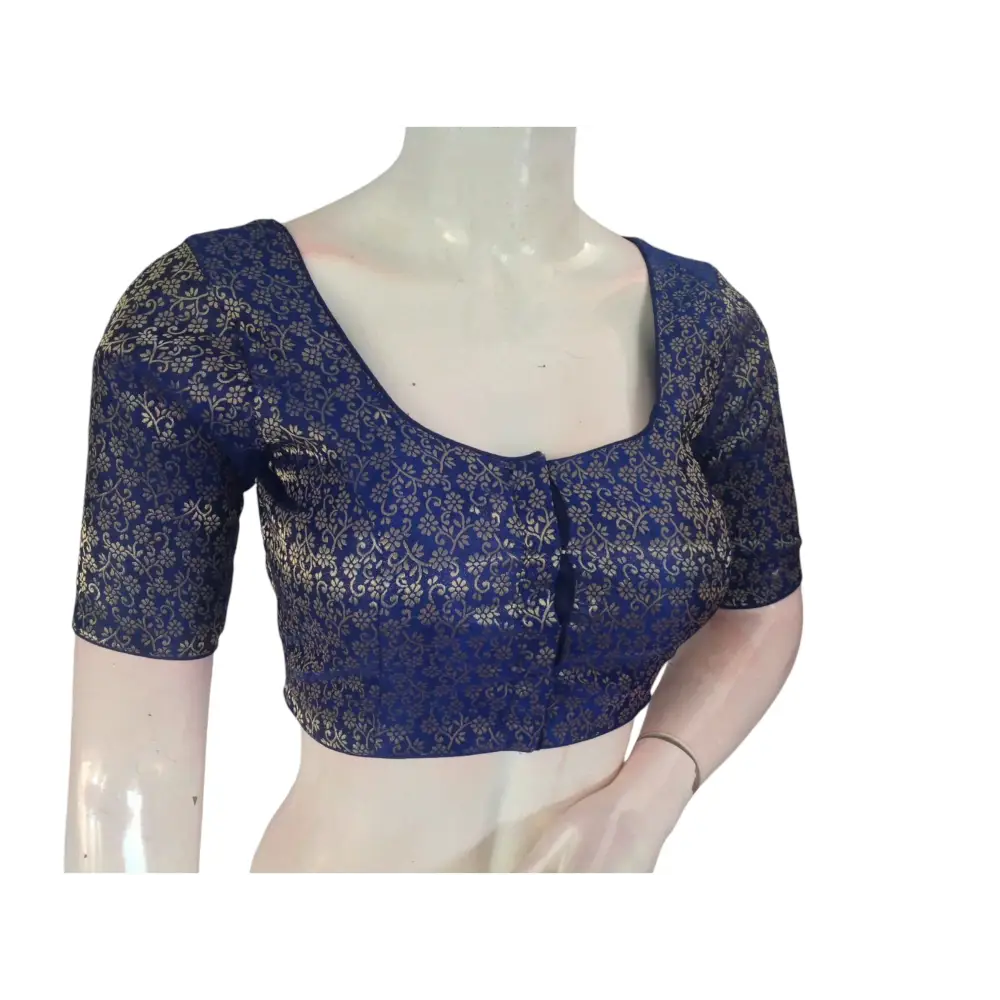 Navy Blue Elegance: Brocade Silk Readymade Saree Blouse - D3blouses