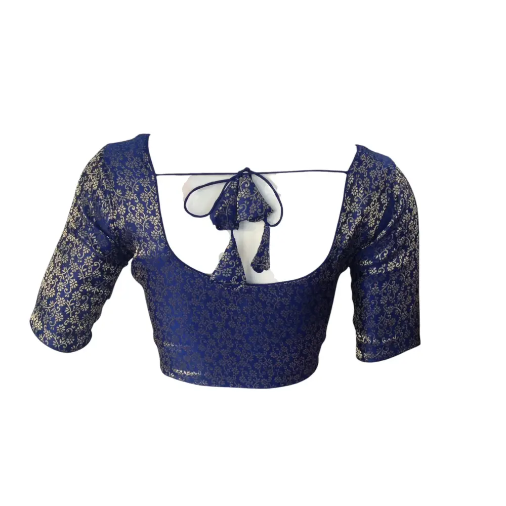 Navy Blue Elegance: Brocade Silk Readymade Saree Blouse - D3blouses