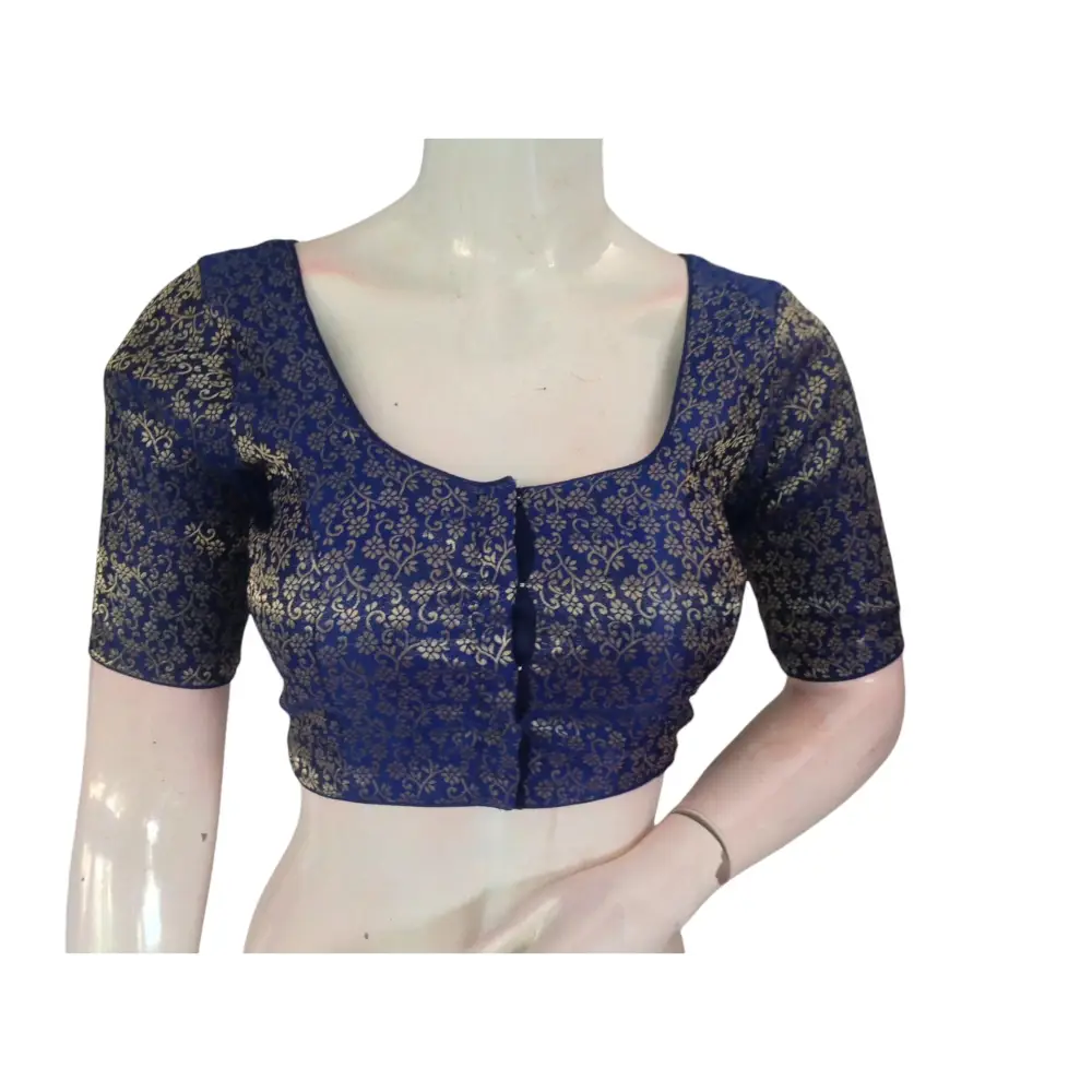 Navy Blue Elegance: Brocade Silk Readymade Saree Blouse - D3blouses