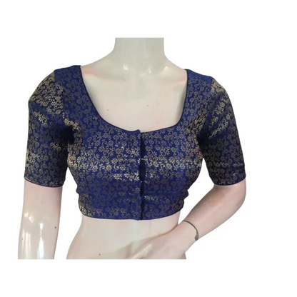 Navy Blue Elegance: Brocade Silk Readymade Saree Blouse - D3blouses