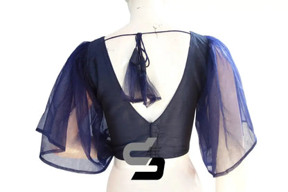 Navy Blue Elegance, Plain Silk Designer Ruffle Sleeve Readymade Blouse - D3blouses
