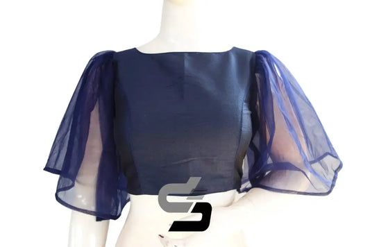 Navy Blue Elegance, Plain Silk Designer Ruffle Sleeve Readymade Blouse - D3blouses