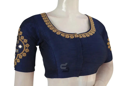 Navy Blue Embroidered High Neck Saree Blouse - Designer Elegance - D3blouses