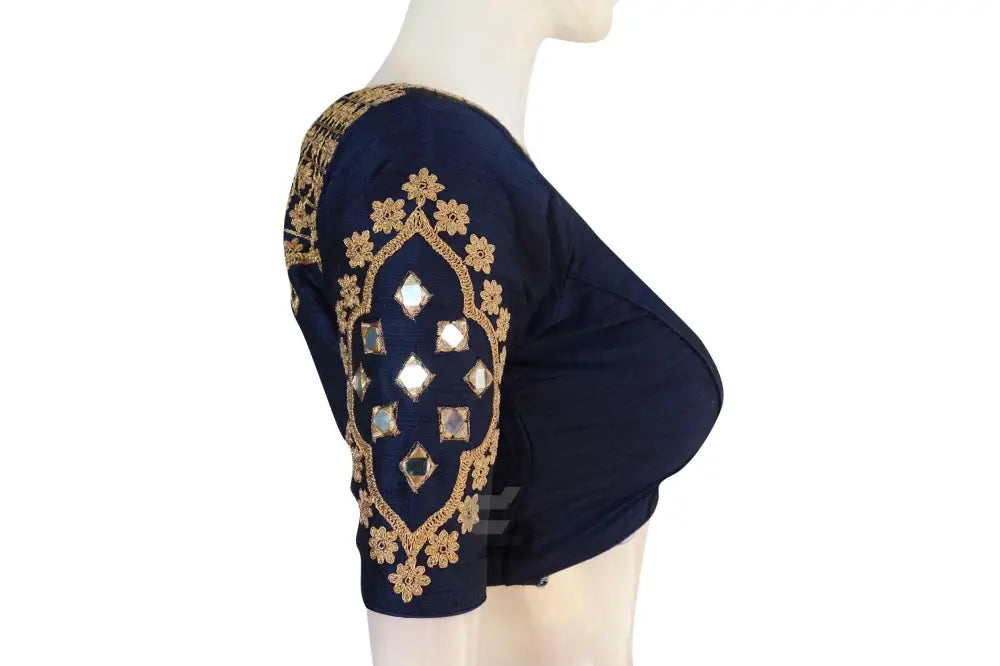 Navy Blue Embroidered High Neck Saree Blouse - Designer Elegance - D3blouses