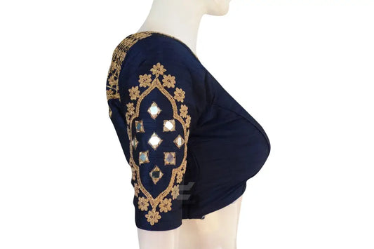 Navy Blue Embroidered High Neck Saree Blouse - Designer Elegance - D3blouses