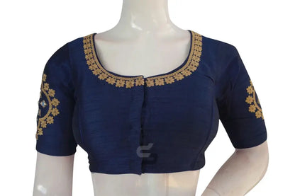 Navy Blue Embroidered High Neck Saree Blouse - Designer Elegance - D3blouses