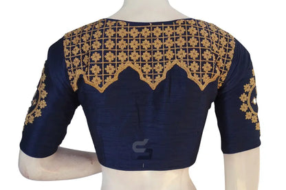 Navy Blue Embroidered High Neck Saree Blouse - Designer Elegance - D3blouses