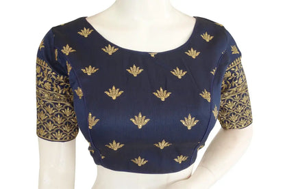 Navy Blue Embroidery Boat Neck Party Wear Readymade Blouse - D3blouses