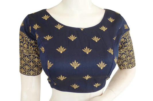 Navy Blue Embroidery Boat Neck Party Wear Readymade Blouse - D3blouses