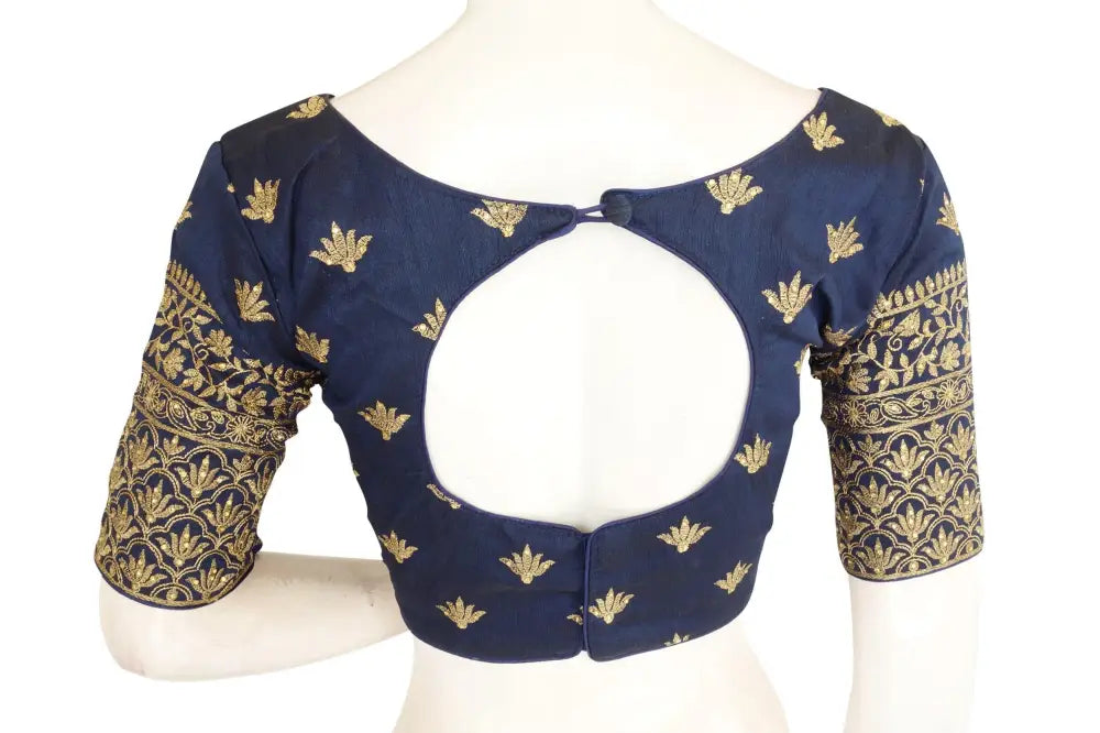 Navy Blue Embroidery Boat Neck Party Wear Readymade Blouse - D3blouses
