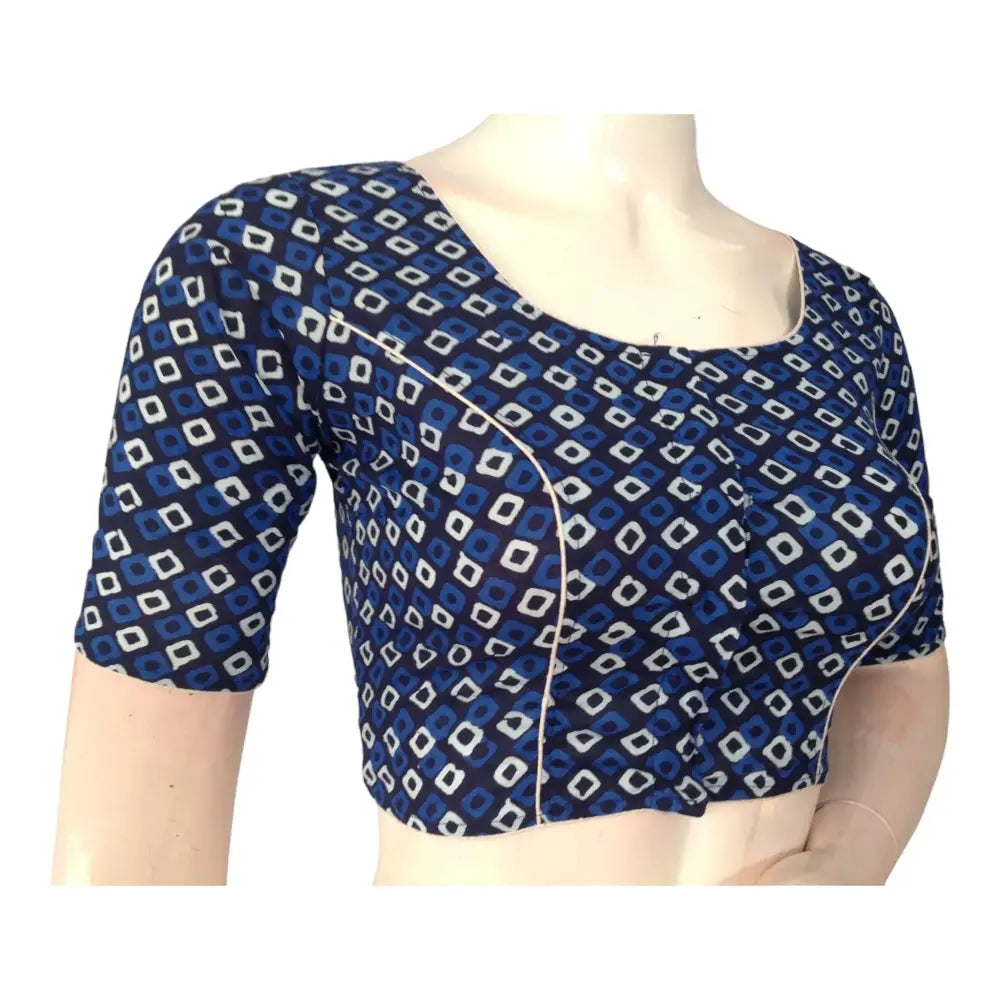 Navy Blue High Neck Cotton Blouse | Indian Ready made Blouse - D3blouses