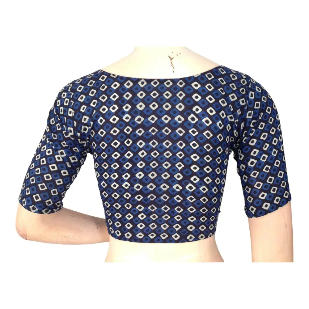 Navy Blue High Neck Cotton Blouse | Indian Ready made Blouse - D3blouses