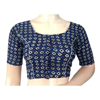 Navy Blue High Neck Cotton Blouse | Indian Ready made Blouse - D3blouses