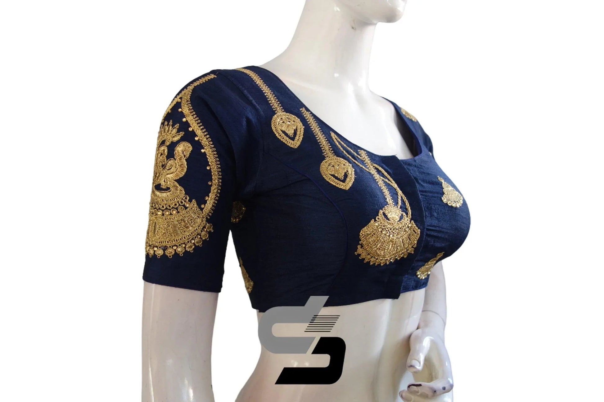 Navy Blue High Neck Designer Embroidered Saree Blouses: Bold Elegance - D3blouses