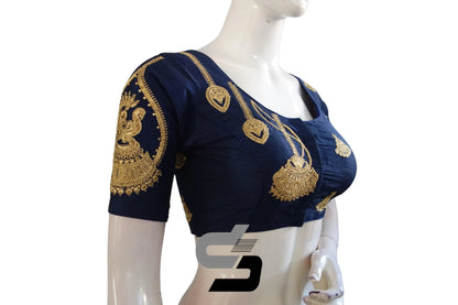 Navy Blue High Neck Designer Embroidered Saree Blouses: Bold Elegance - D3blouses