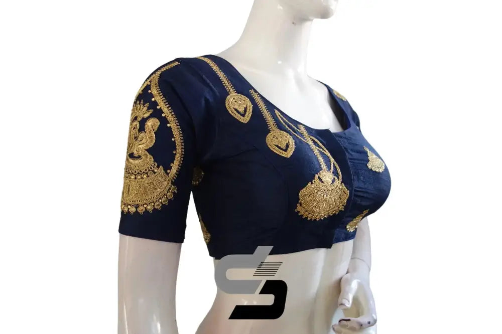 Navy Blue High Neck Designer Embroidered Saree Blouses: Bold Elegance - D3blouses