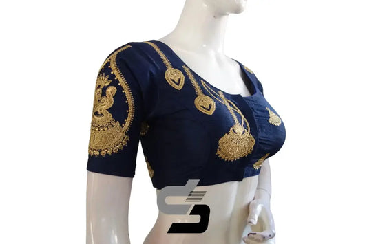 Navy Blue High Neck Designer Embroidered Saree Blouses: Bold Elegance - D3blouses