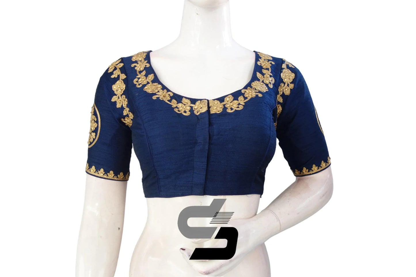 Navy Blue High Neck Designer Embroidered Saree Blouses: Commanding Vibrancy - D3blouses