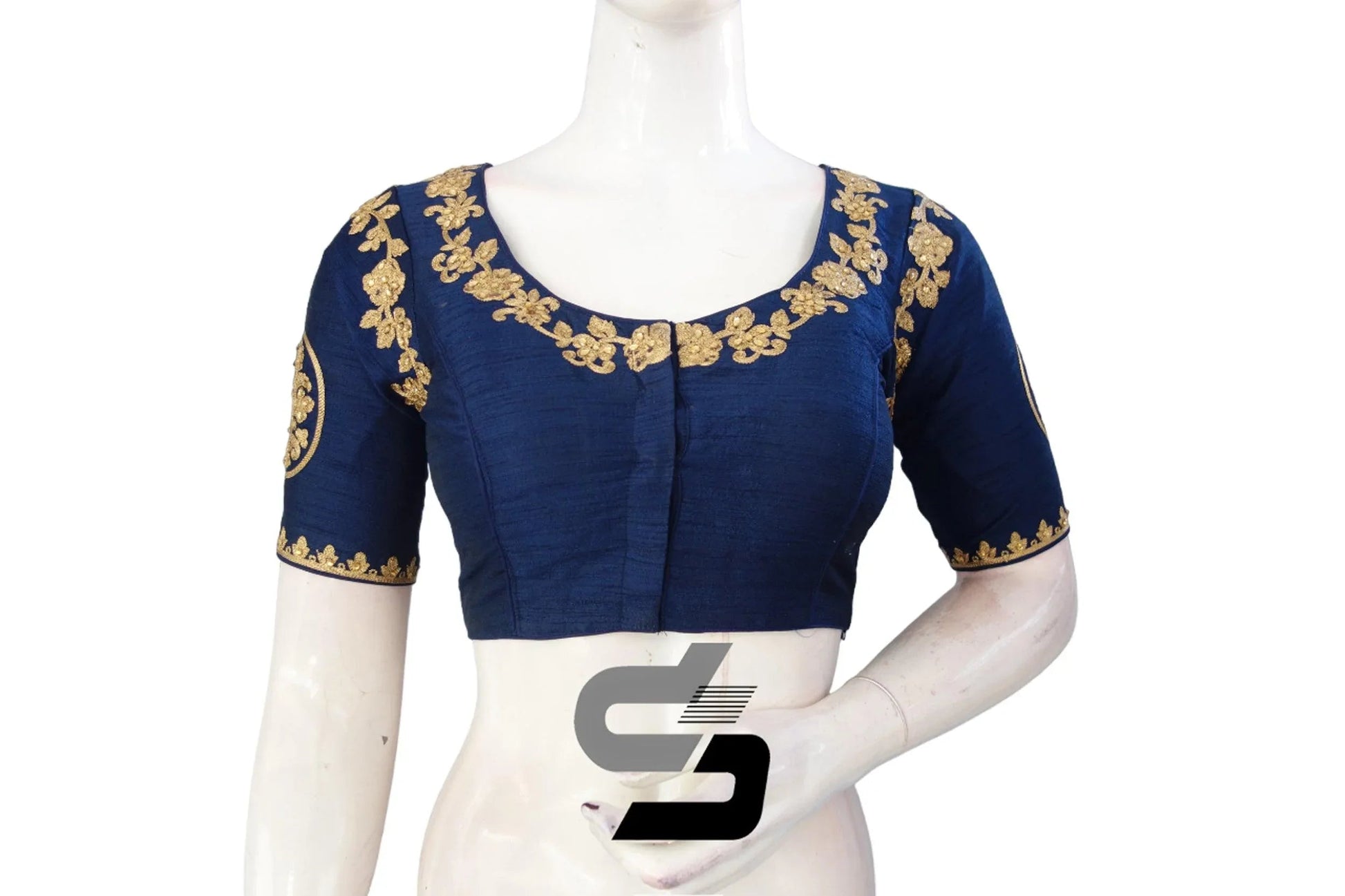 Navy Blue High Neck Designer Embroidered Saree Blouses: Commanding Vibrancy - D3blouses