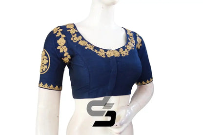 Navy Blue High Neck Designer Embroidered Saree Blouses: Commanding Vibrancy - D3blouses