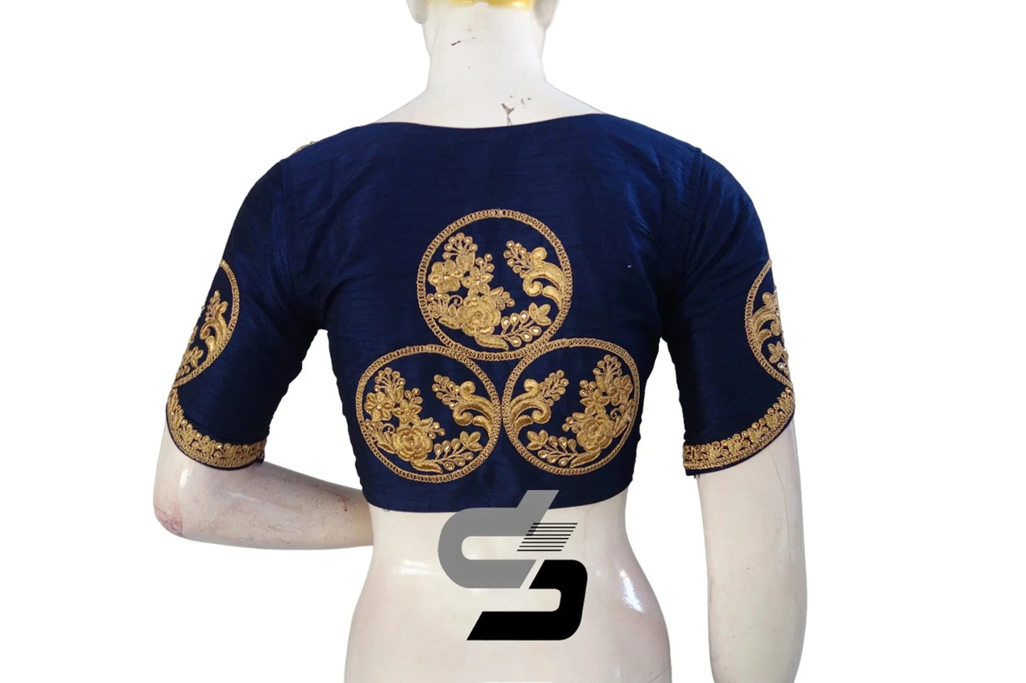 Navy Blue High Neck Embroidered Saree Blouses: Break from Neutrals - D3blouses