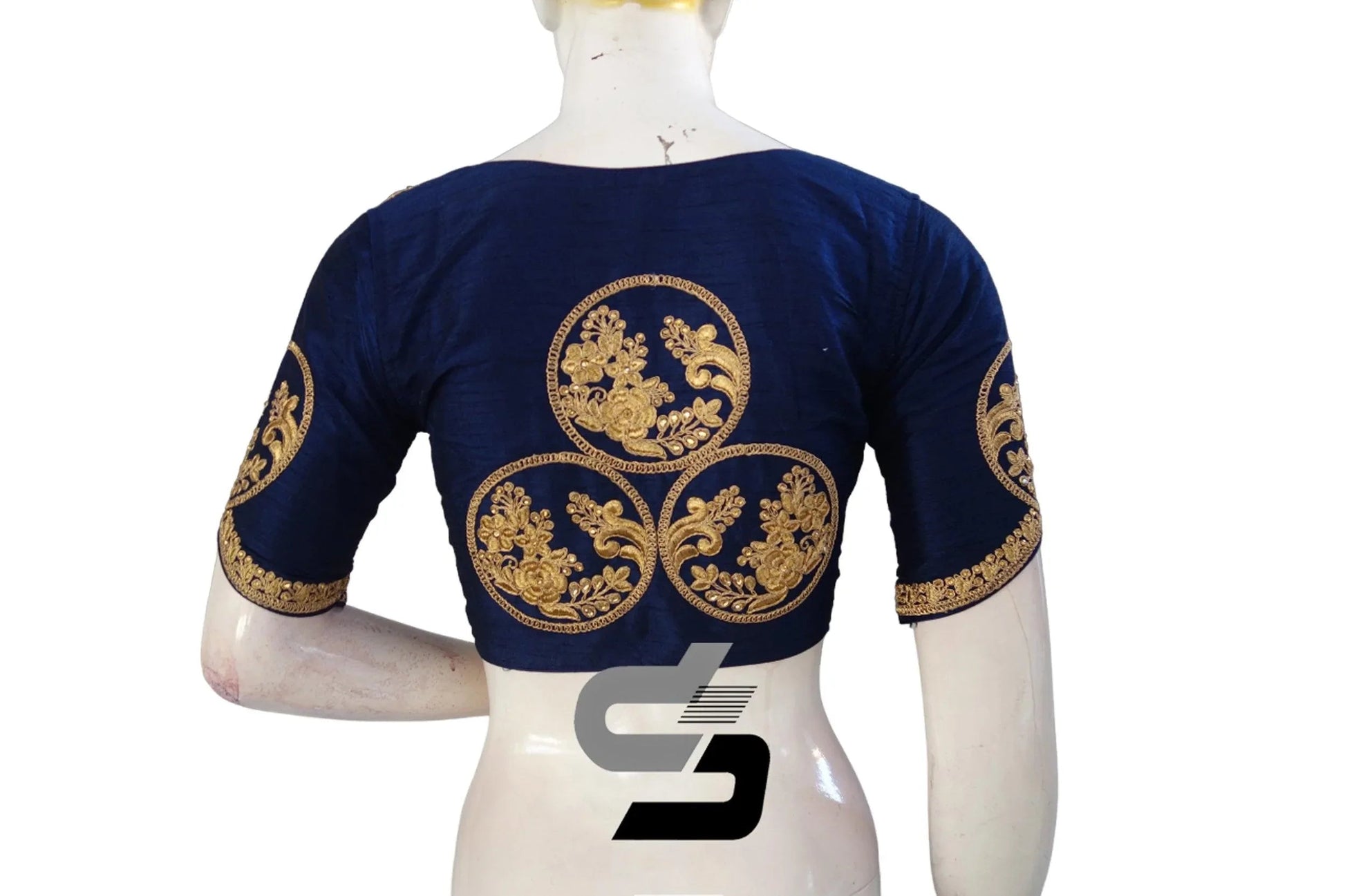 Navy Blue High Neck Embroidered Saree Blouses: Break from Neutrals - D3blouses