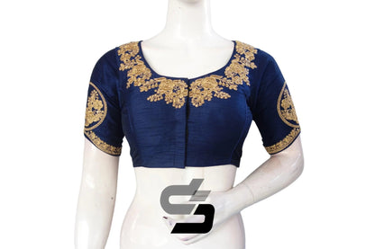 Navy Blue High Neck Embroidered Saree Blouses: Break from Neutrals - D3blouses