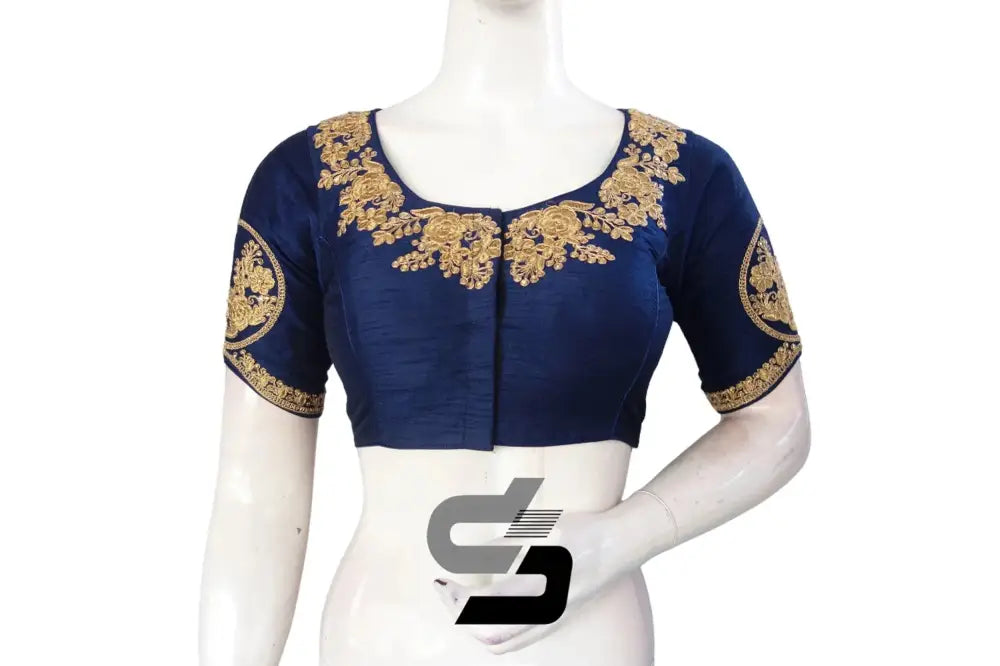 Navy Blue High Neck Embroidered Saree Blouses: Break from Neutrals - D3blouses