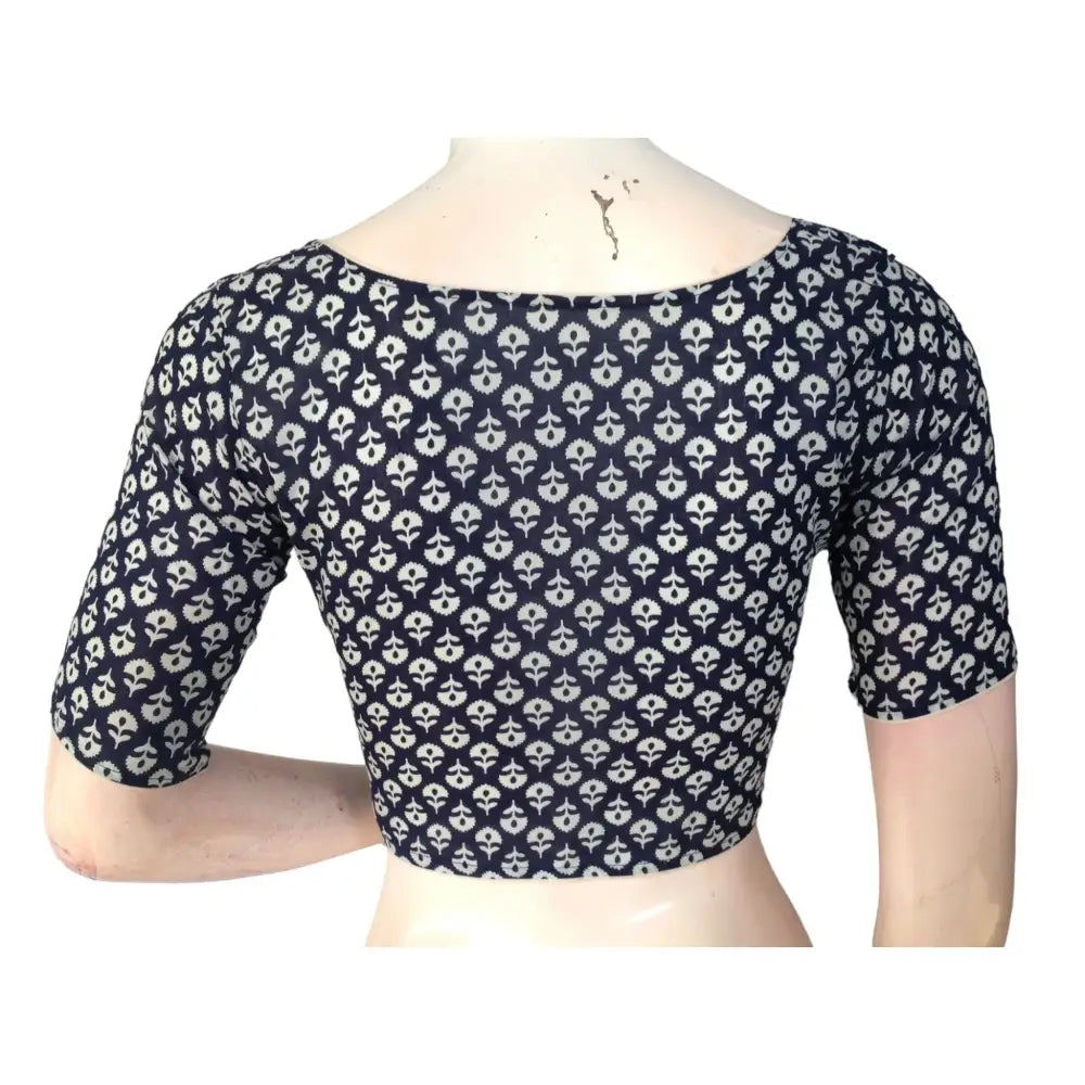 Navy Blue High Neck Saree Blouse: Pure Cotton Sophistication - D3blouses