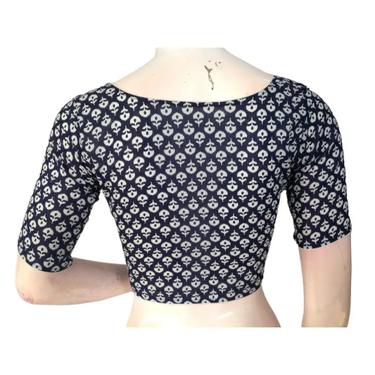 Navy Blue High Neck Saree Blouse: Pure Cotton Sophistication - D3blouses