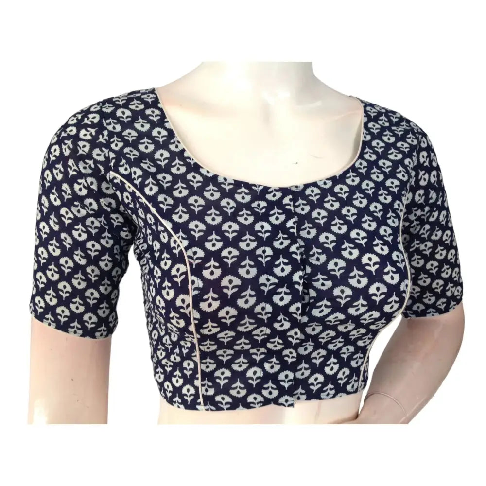 Navy Blue High Neck Saree Blouse: Pure Cotton Sophistication - D3blouses