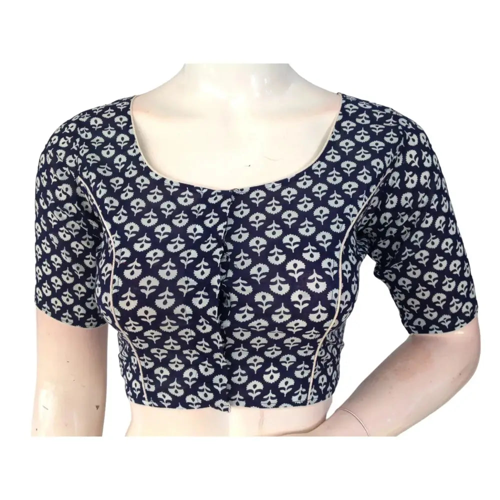 Navy Blue High Neck Saree Blouse: Pure Cotton Sophistication - D3blouses