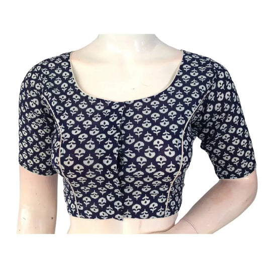 Navy Blue High Neck Saree Blouse: Pure Cotton Sophistication - D3blouses