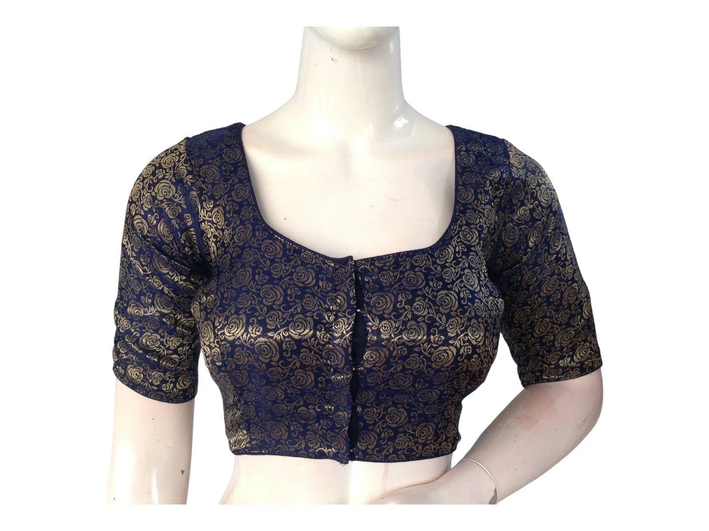 Navy Blue Saree Blouse, Brocade Readymade Blouse, Plus Size Indian Choli top Online - D3blouses