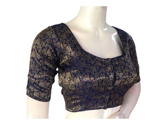 Navy Blue Saree Blouse, Brocade Readymade Blouse, Plus Size Indian Choli top Online - D3blouses