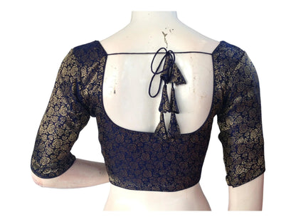 Navy Blue Saree Blouse, Brocade Readymade Blouse, Plus Size Indian Choli top Online - D3blouses