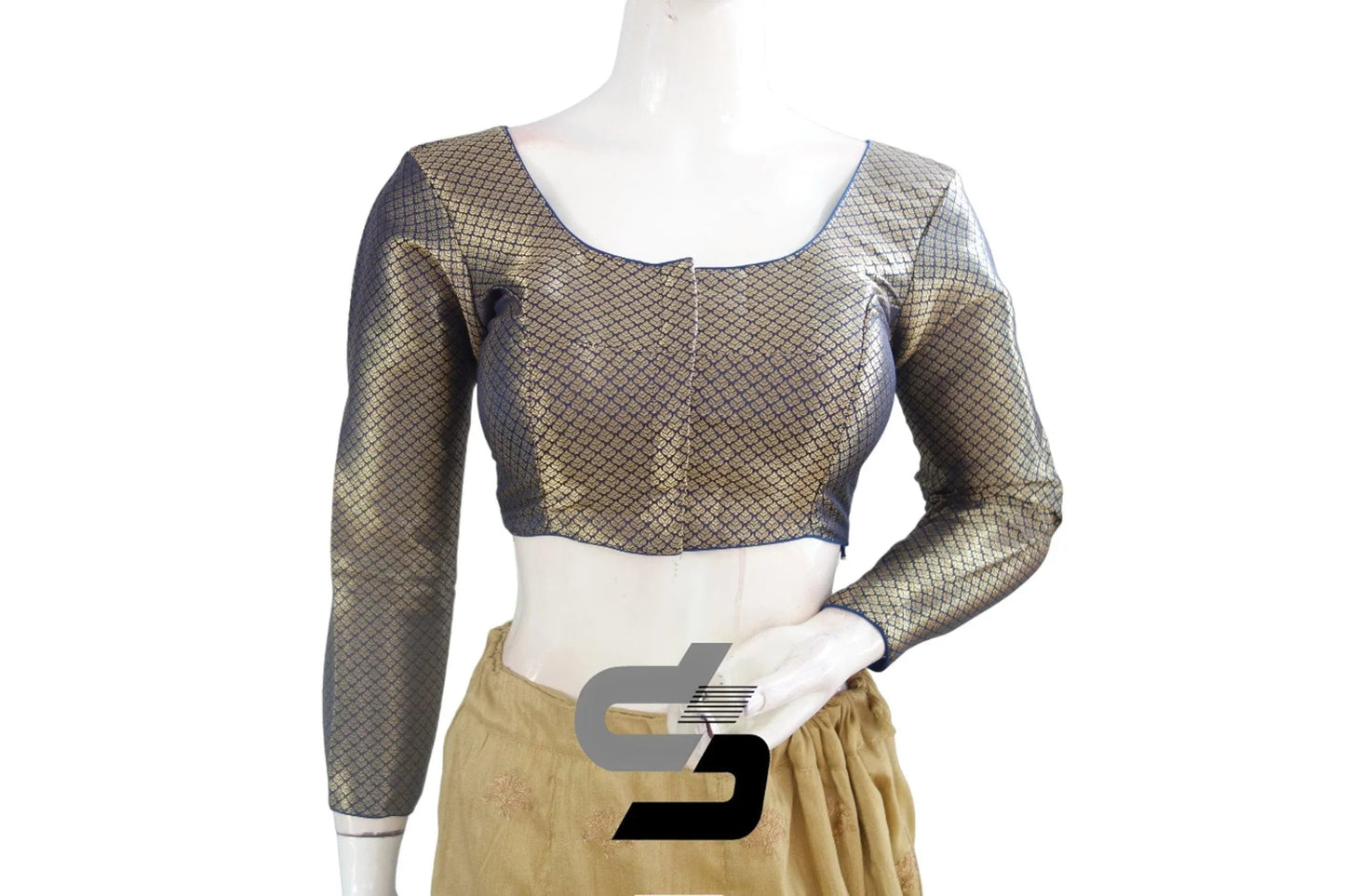 Navy Blue Saree Blouse, Premium Brocade Readymade Saree Blouse, Indian Choli Top Online - D3blouses